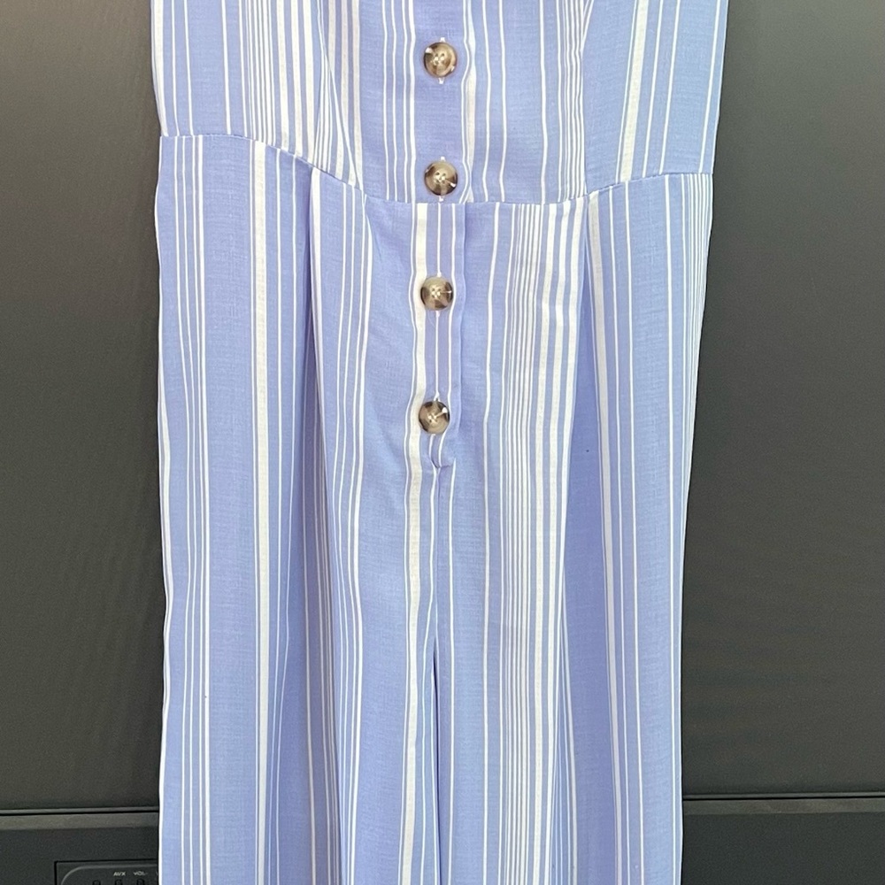 Blue/white stripe jumpsuit with back elastic.  Candies xs
